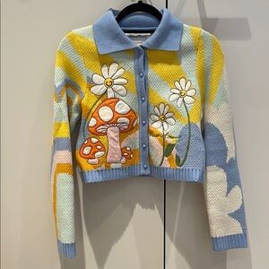 House of Sunny Blue and Yellow Floral Cropped Sweater